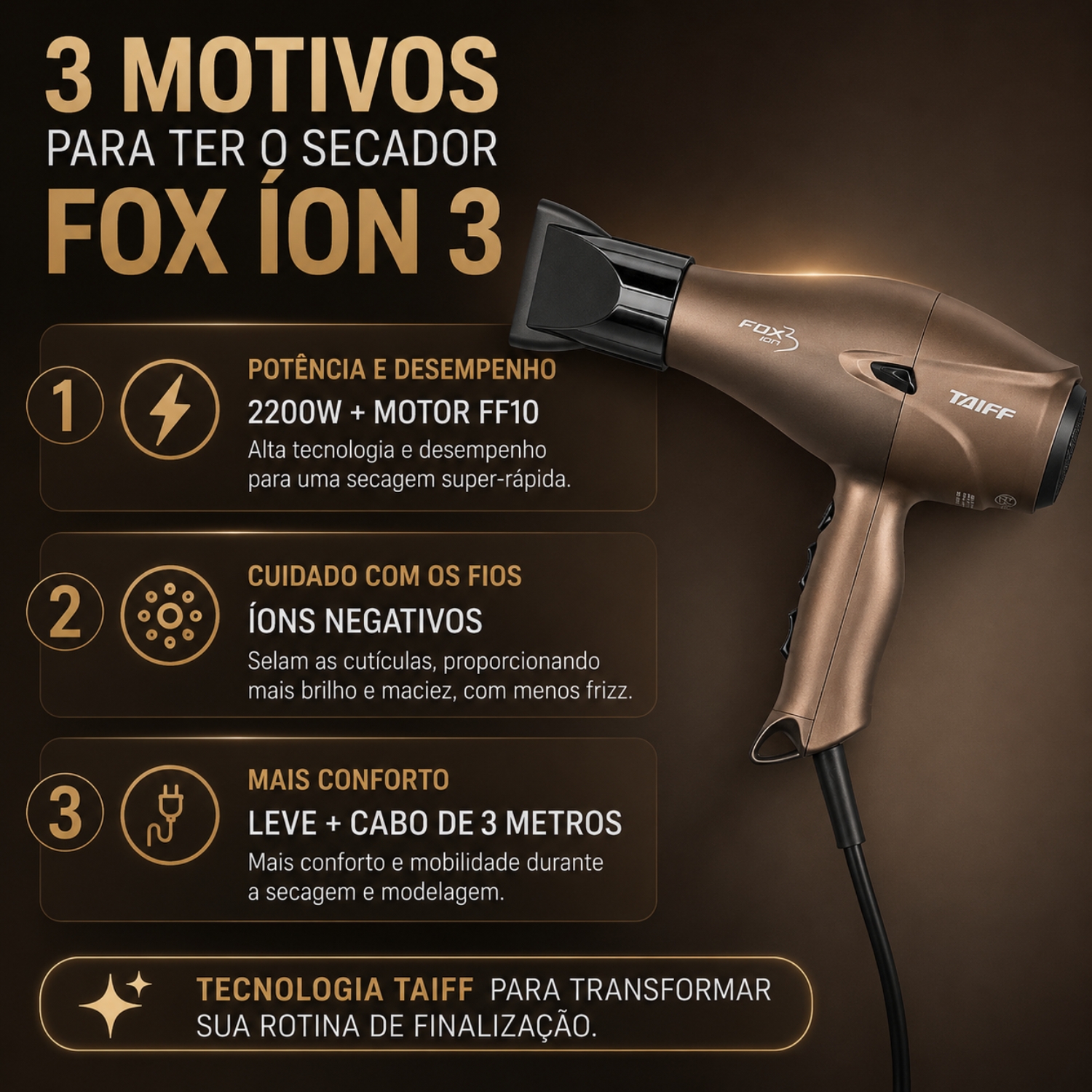 Secador Taiff Fox Ion 3 Mocha 2200W - Teruya - Cosméticos e Perfumaria