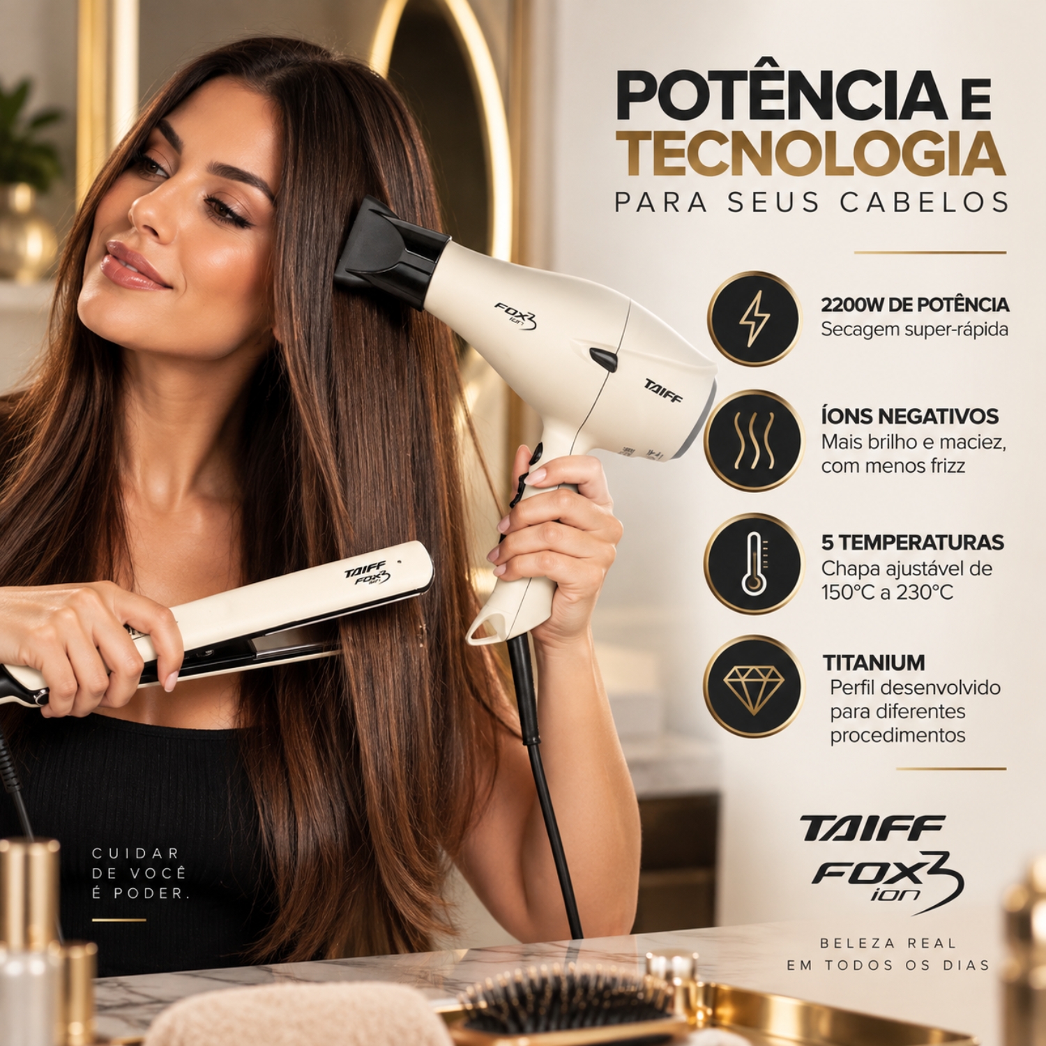 Kit Taiff Fox Ion 3 Off White: Chapa Bivolt + Secador 2200W 127v