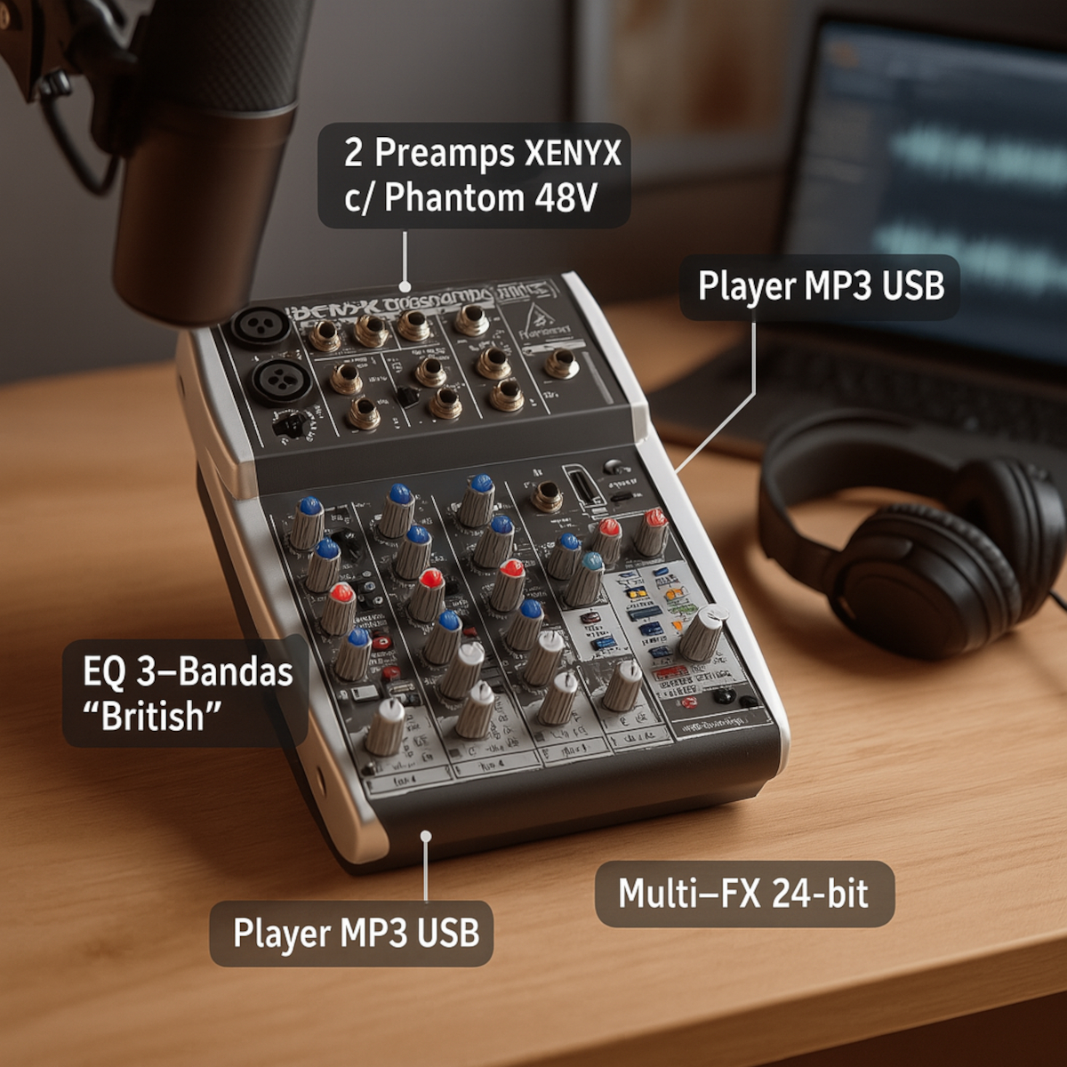 Behringer XENYX QX602MP3 6-Input Mixer com MP3 & FX – Preto