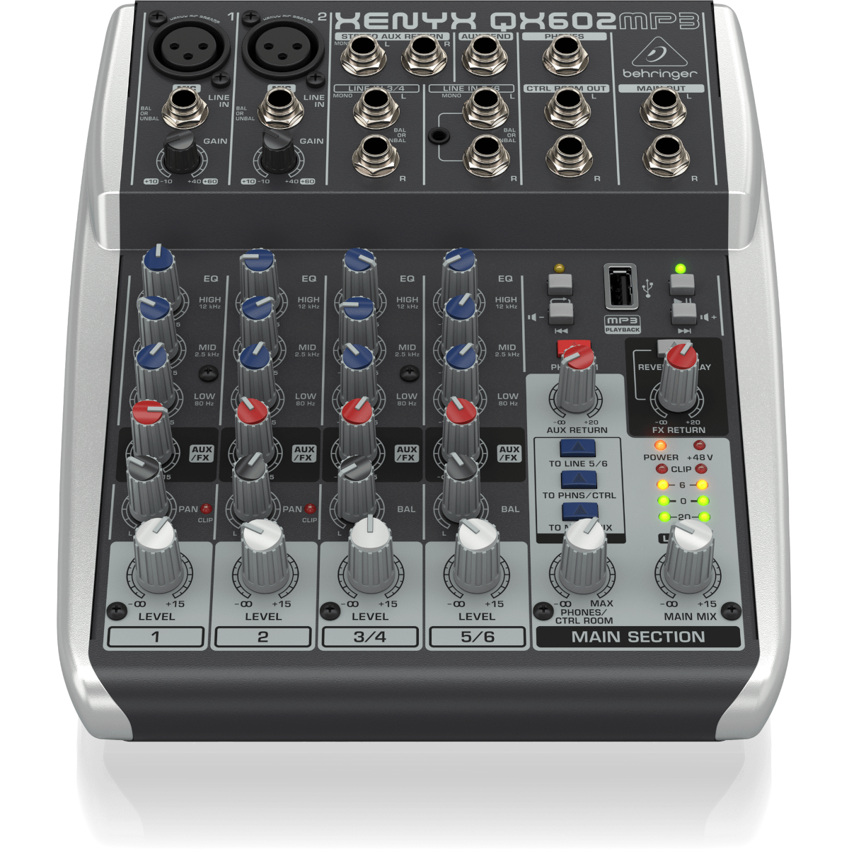 Behringer XENYX QX602MP3 6-Input Mixer com MP3 & FX – Preto