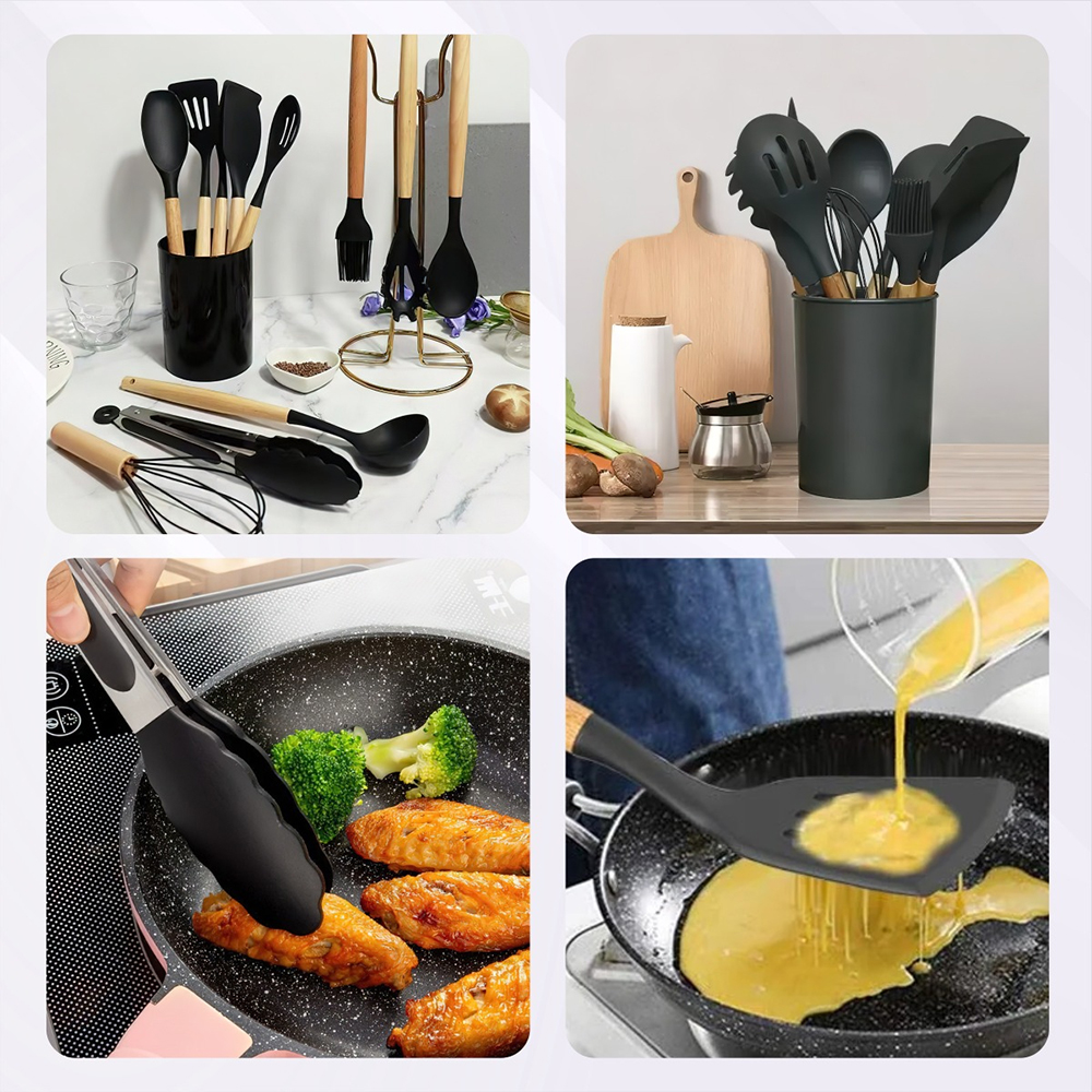 Kit Utensilios Cozinha Colheres De Silicone Preto Cabo Madeira Comdrop Distribuidora