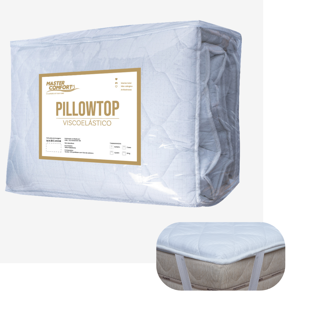 Pillow Top Colchao Viscoelastico Gel Nasa Casal 138x188x6cm Fios de Carbono Anti Stress Viesto