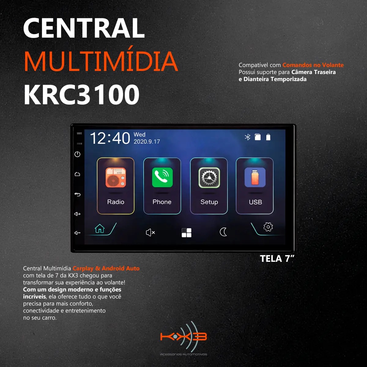 CENTRAL MULTIMIDIA MP5 7" (TELA AHD) APPLE CARPLAY ANDROID AUTO (S/ FIO ...