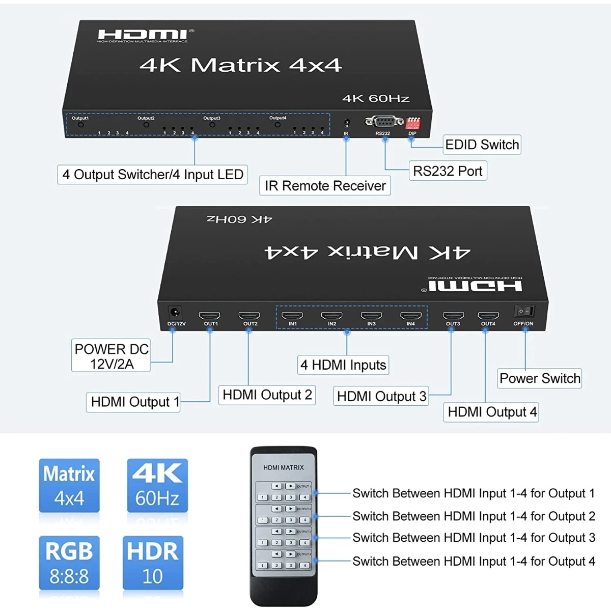 Matrix HDMI 4x4 Ultra HD 2.0 4K 18Gbps Profissional Ativo p/ Rack ...
