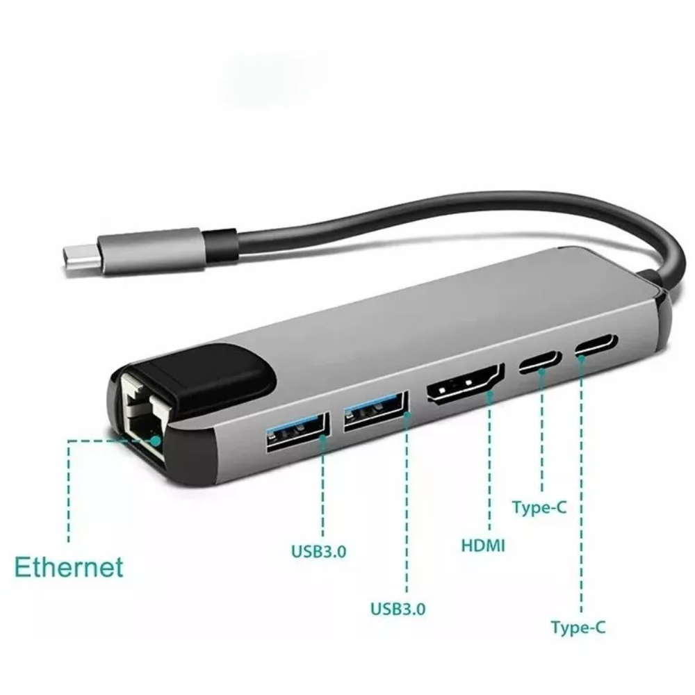 Hub Adaptador 6 Em 1 Tipo C Usb 3.0 Hdmi Rj45 - Conexão Partner