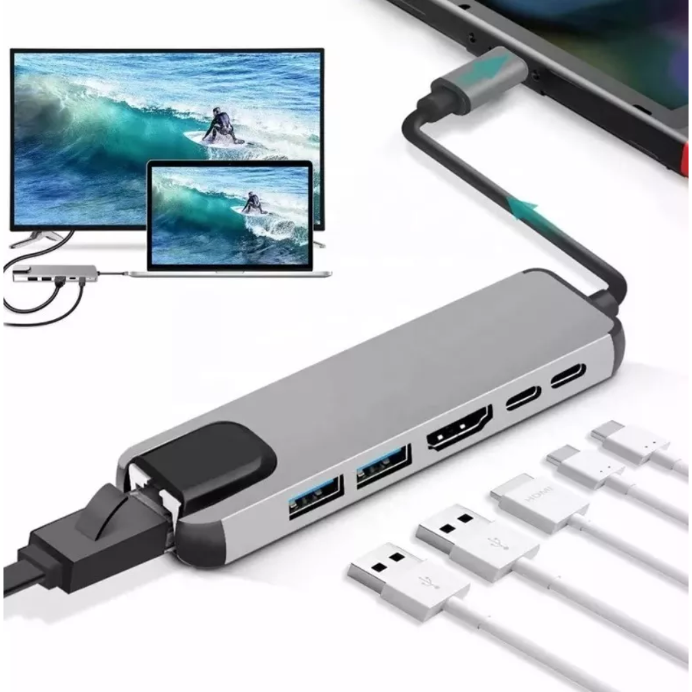Hub Adaptador 6 Em 1 Tipo C Usb 3.0 Hdmi Rj45 - Conexão Partner