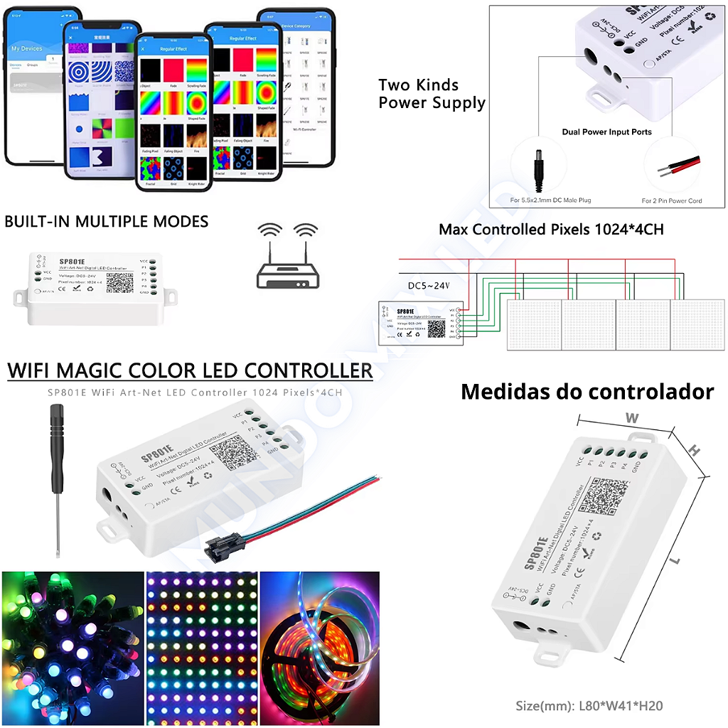 Controladora Art Net SP801-E Texto Wifi Digital Para Leds Pixel Matriz ...