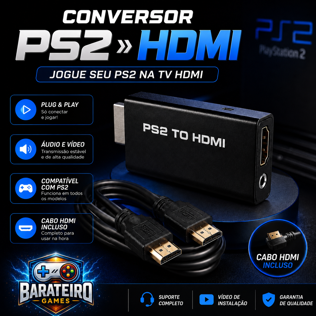 Kit HDMI para PlayStation 2 – Conversor PS2toHDMi + Cabo HDMI