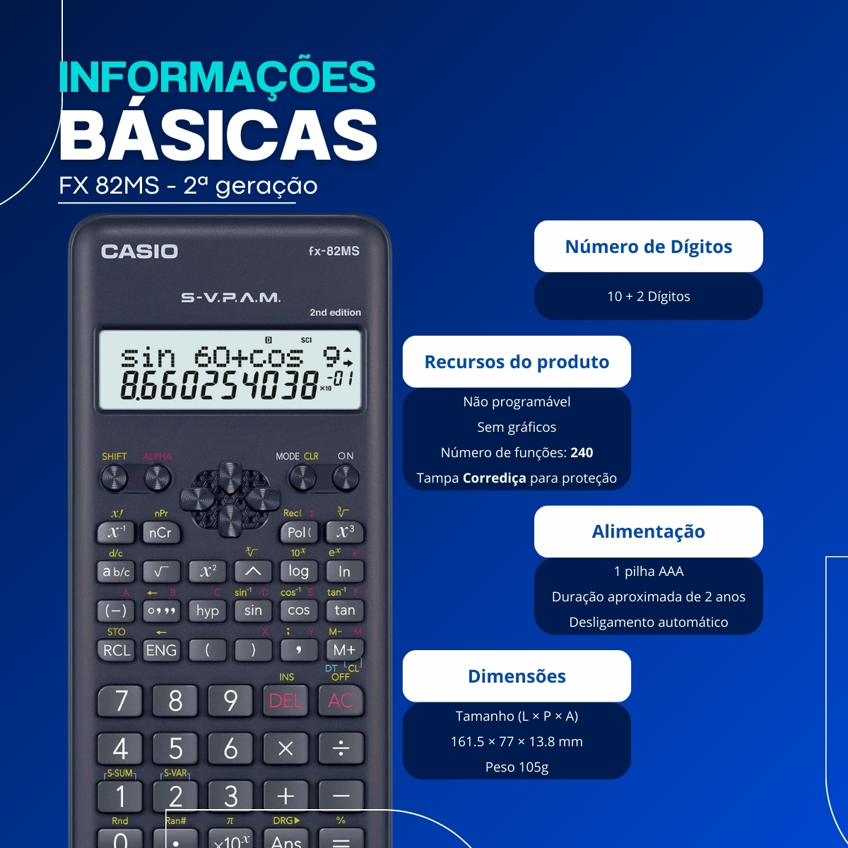 Spotech Calculadora Cientifica Casio Fx82ms Preta Cálculos Básicos Avançados ...