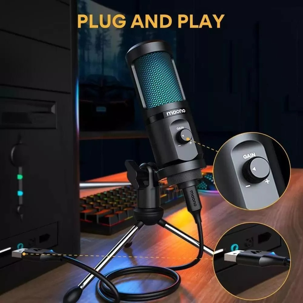 Microfone Gamer Podcast USB RGB Condensador Maono C/ Tripé - Mercadão ...