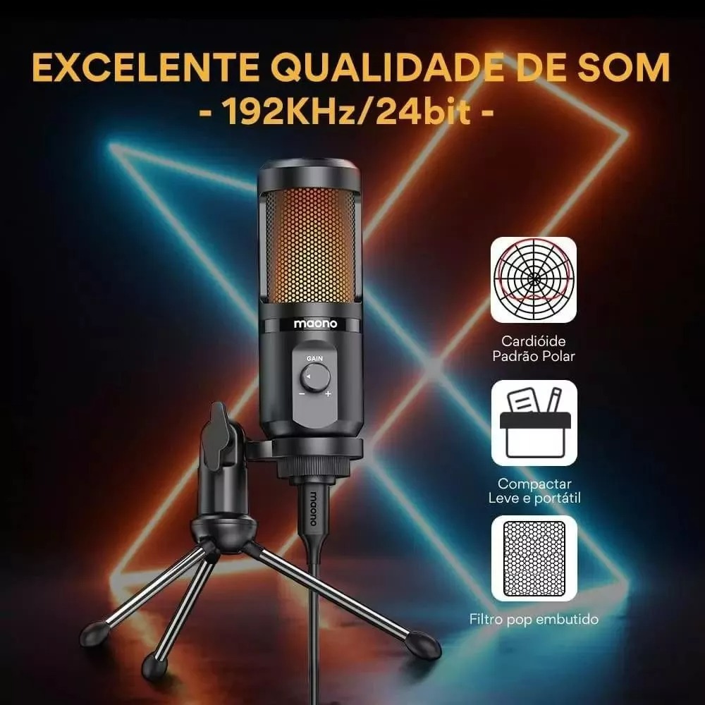 Microfone Gamer Podcast USB RGB Condensador Maono C/ Tripé - Mercadão ...