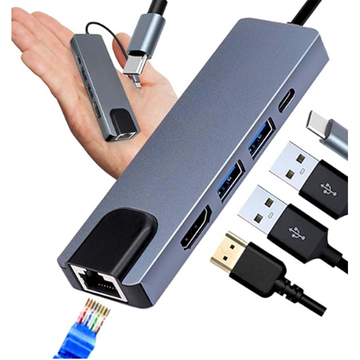 Hub Usb Tipo C Adaptador 5x1 Para Rede Rj45 USB 2.0 3.0 HDMI - Mercadão ...