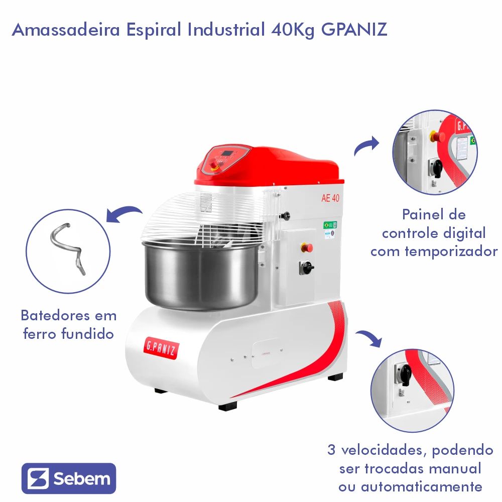 Masseira Amassadeira Espiral Industrial 40Kg Epóxi Gpaniz AE40 - Sebem ...