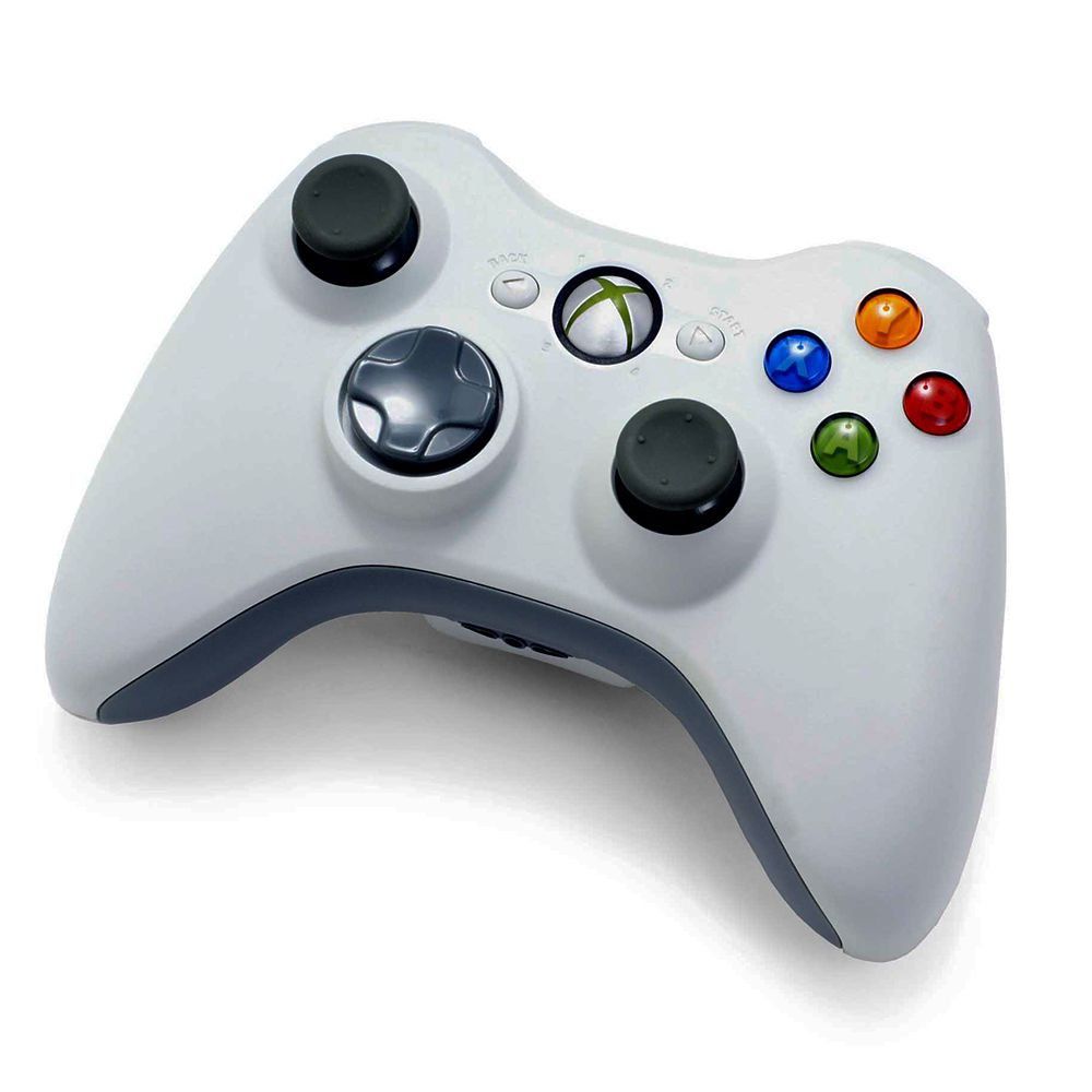 Um controle xbox 360 branco com um controle cinza nele.