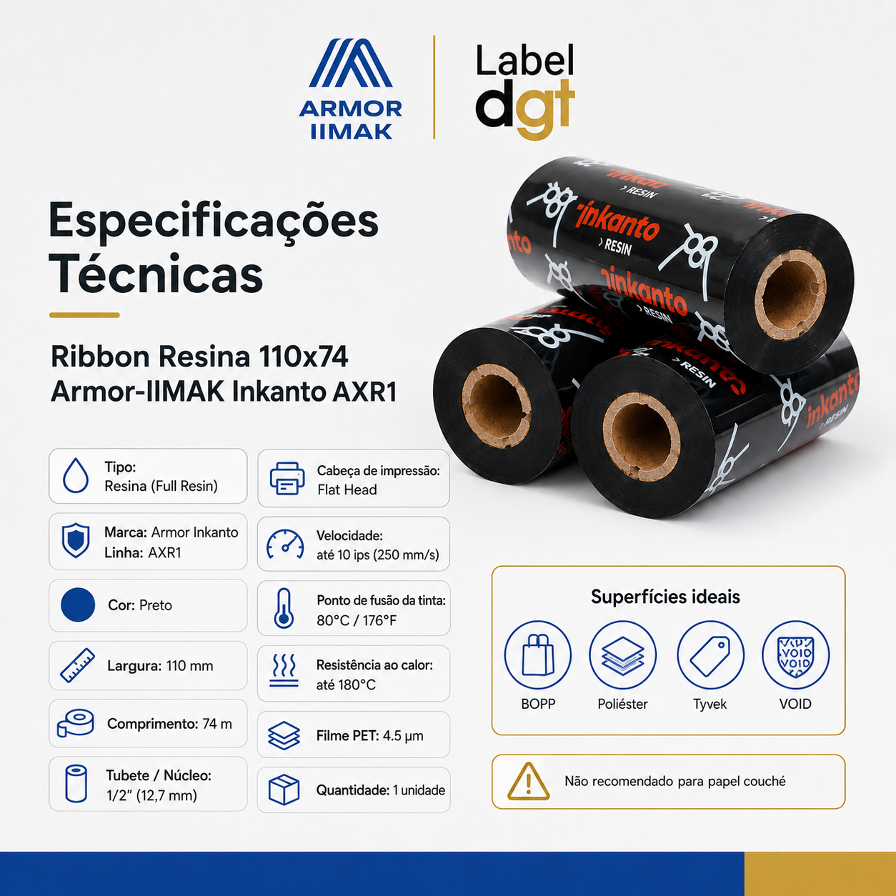 Ribbon resina ARMOR INKANTO AXR-1 110mmx74m em Kits - Label DGT