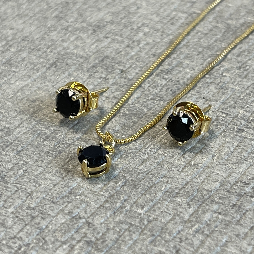 CONJUNTO PONTO DE LUZ PRETO NO DOURADO - PRATA 925 - Relika Semijoias