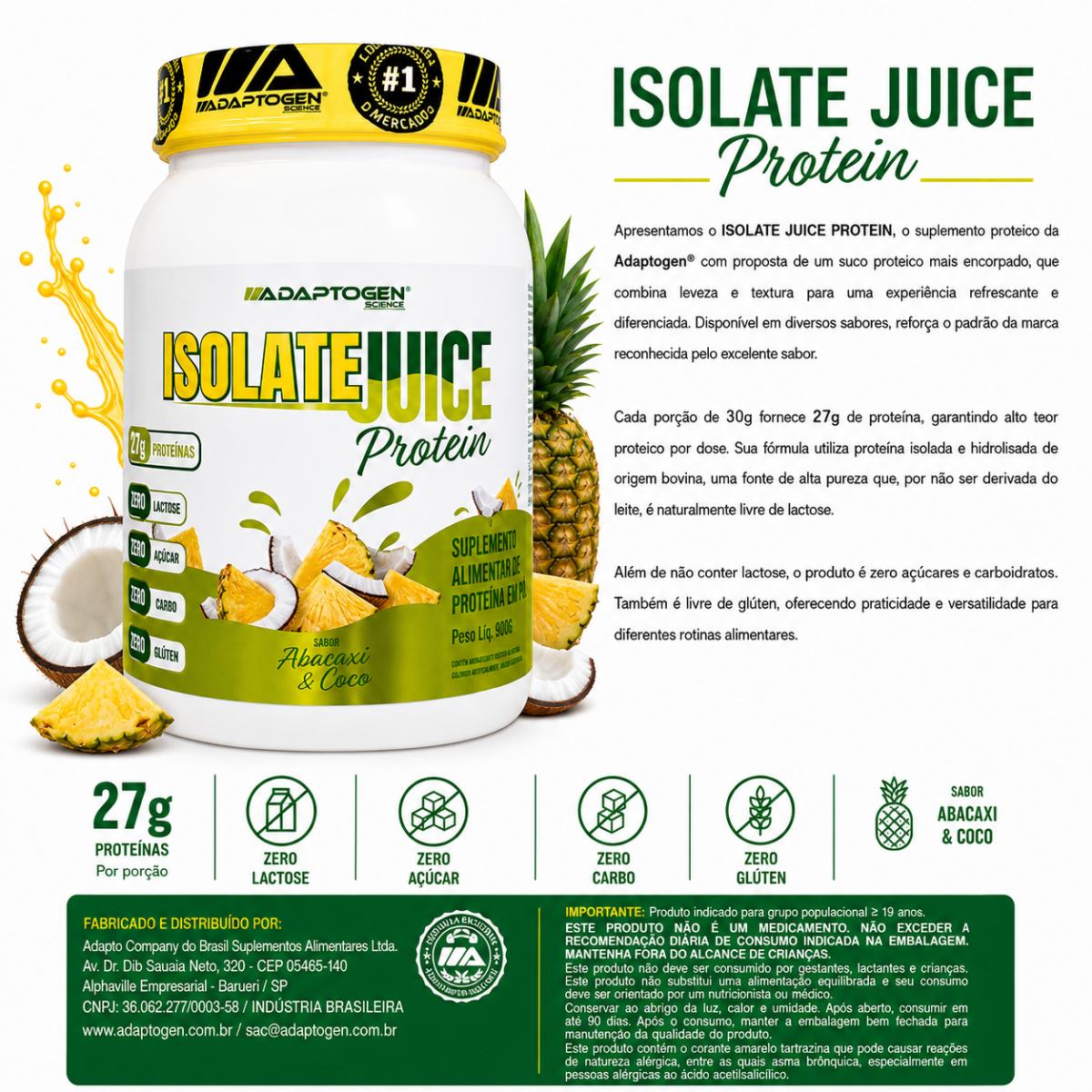 Adaptogen Tasty Juice 900G - Abacaxi com coco - LBR SUPLEMENTOS