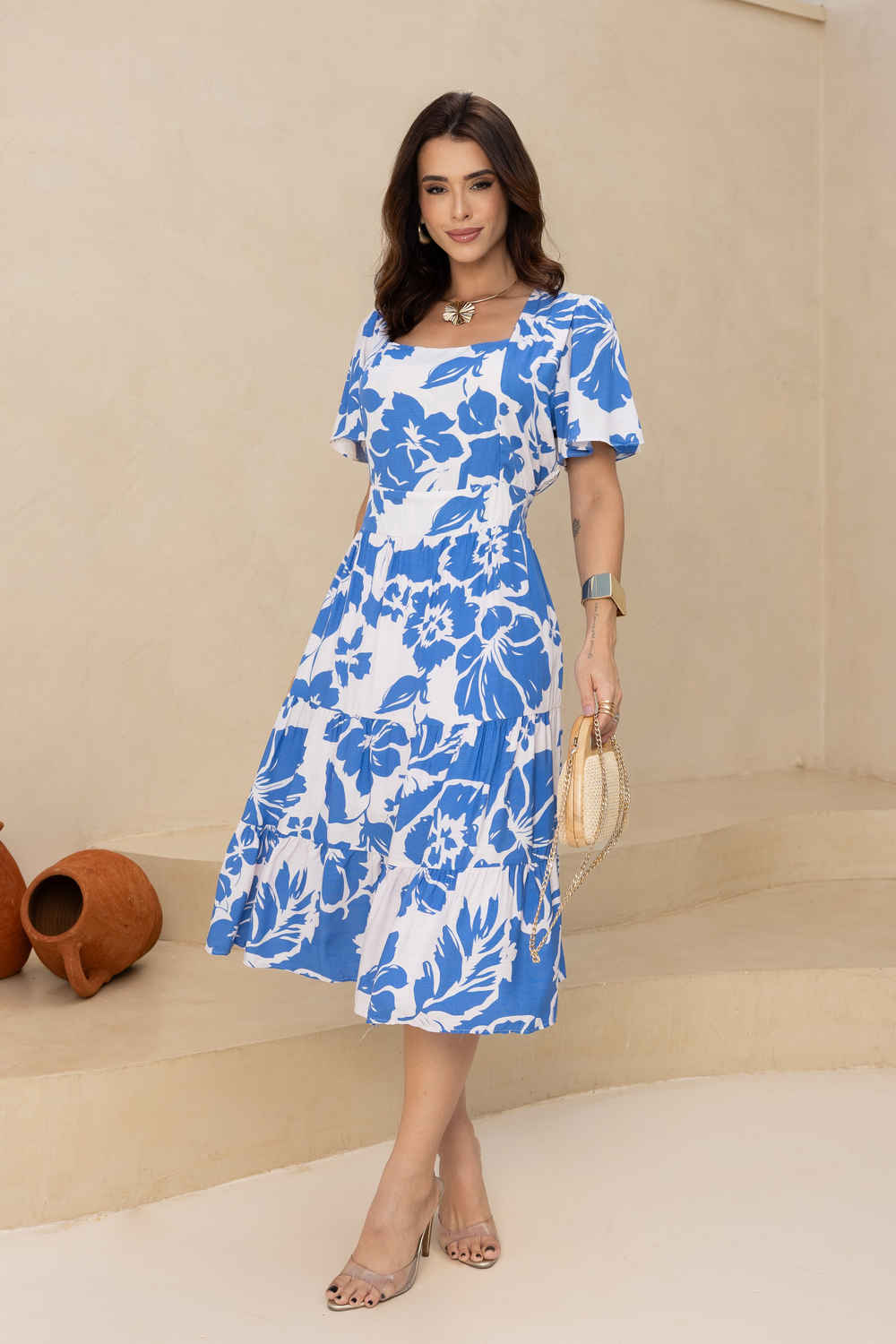 Vestido Sky Abstract Midi Três Marias em Viscolinho - Maria Martha