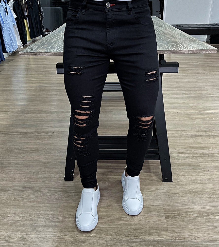 Calça Jeans super skinny black destroyed - Moda Masculina