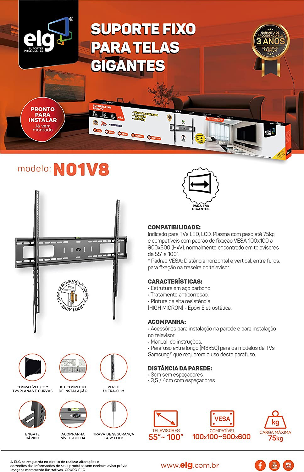 Suporte Fixo De Parede Elg Tv De 55 A 88 Polegadas VESA 800 - N01v8 El ...