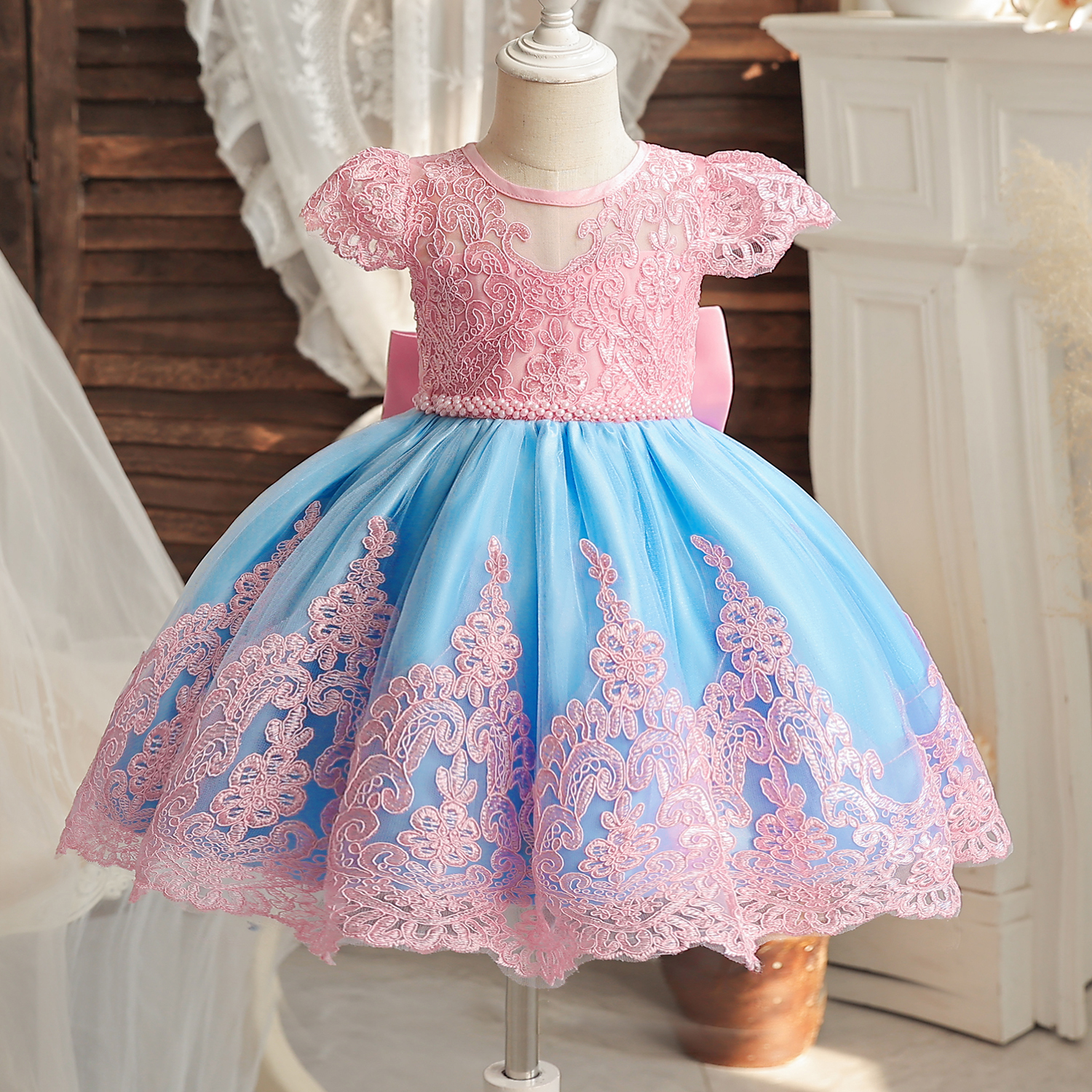 Vestido Infantil Longo Azul Bebê Strass Luxo Manga Princesa