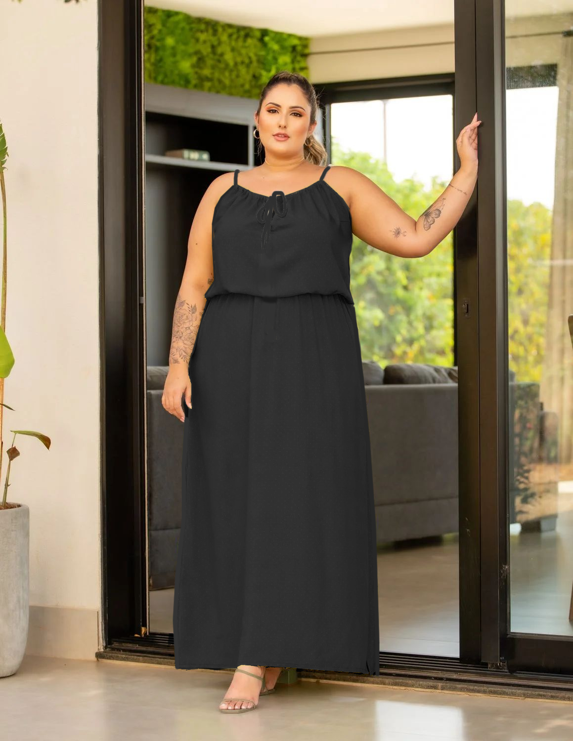 Com Fenda Vestido Preto Longo Basico Plus Size Vestido Longo
