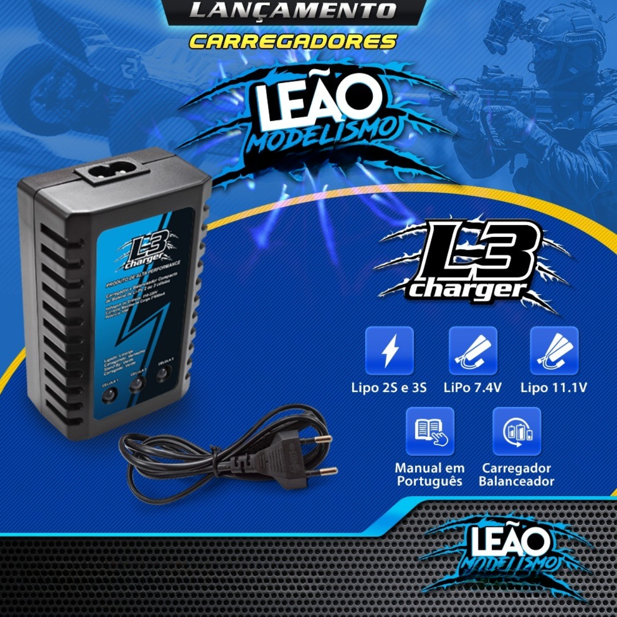 Carregador de Bateria Airsoft LIPO L3 2S/3S - Leão Modelismo - LOJA ...