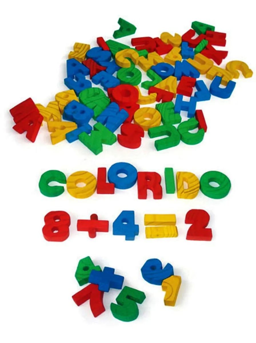 Kit Jogo Educativo Alfabeto e Numerais Coloridos em MDF