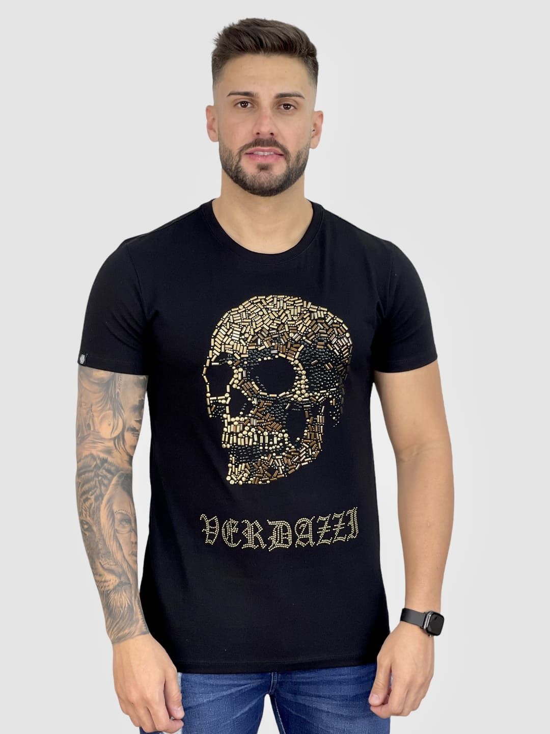 Camiseta Longline Preta Caveira Granulada Dourada - John Verdazzi