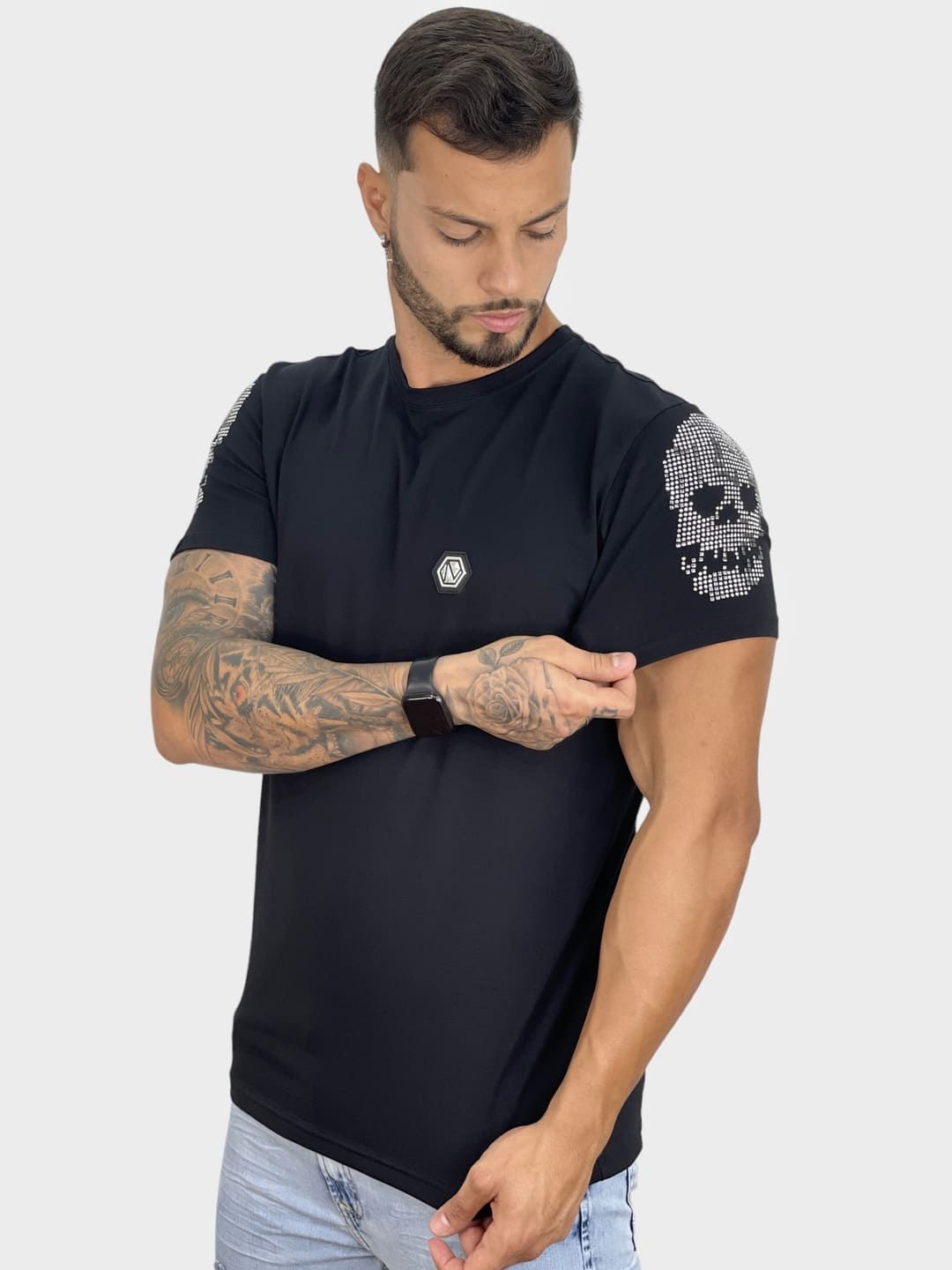 Camiseta Longline Masculina Preta Caveira e Cobra Pedraria - Imperium Store