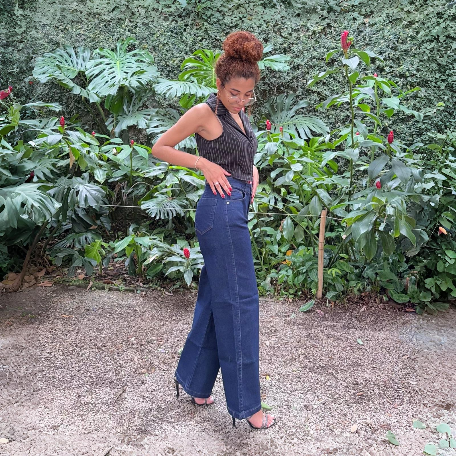 Calça Wideleg Petit Jeans Escuro com Elastano - Black Jeans