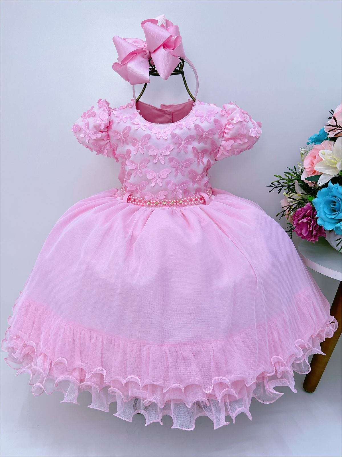 promoção vestido bebê festa vestido infantil luxo rosa laço gigante  princesa 1 e 2 anos