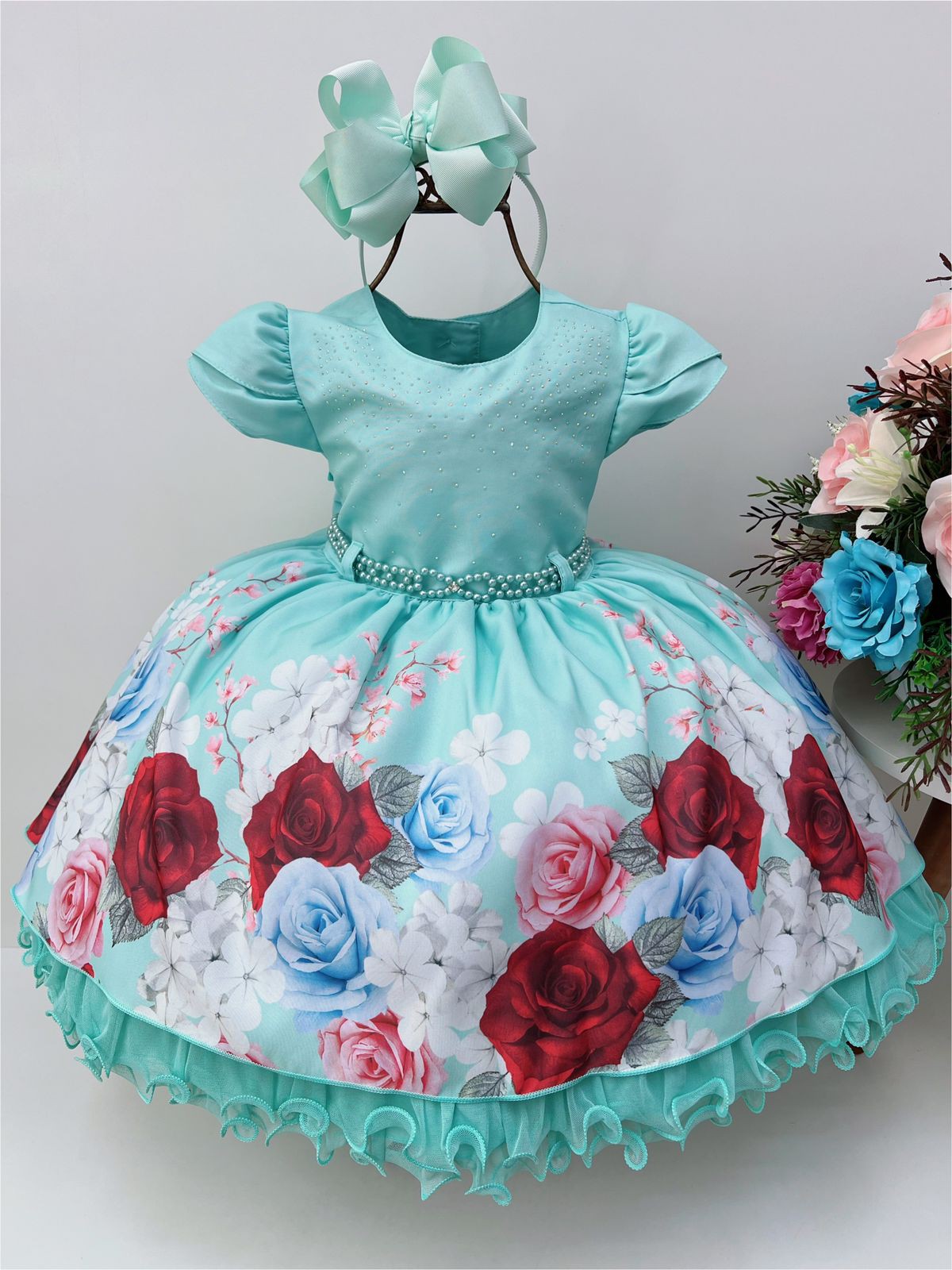 vestido infantil princesa rosa e azul com renda trabalhada