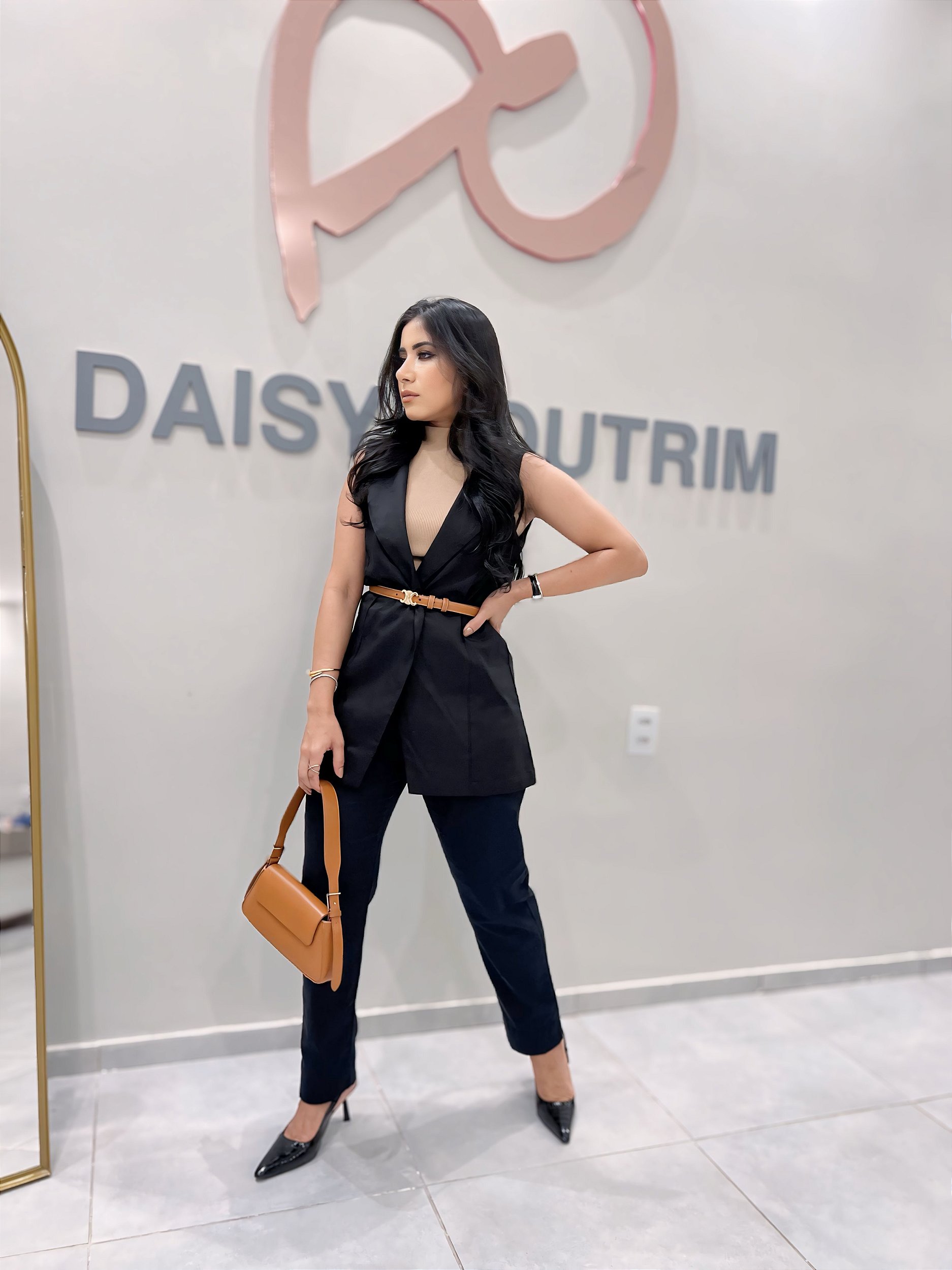 Looks Vestido Estilo Colete Colete Alfaiataria Brim Preto Longo