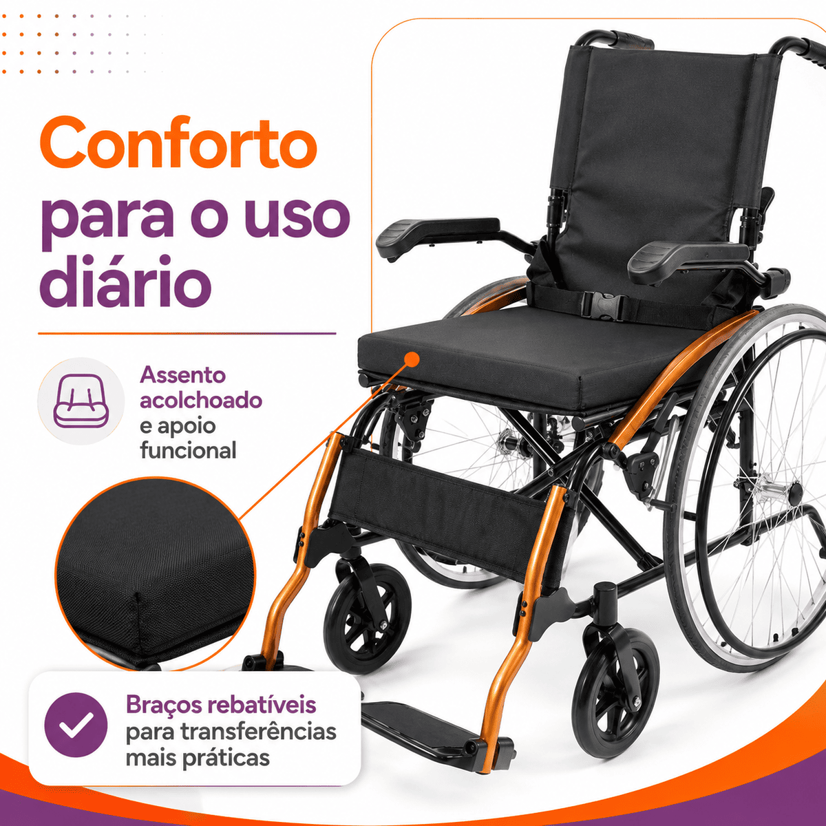Cadeira de Rodas Manual Dobrável D600 Pop Suporta Até 120 kg