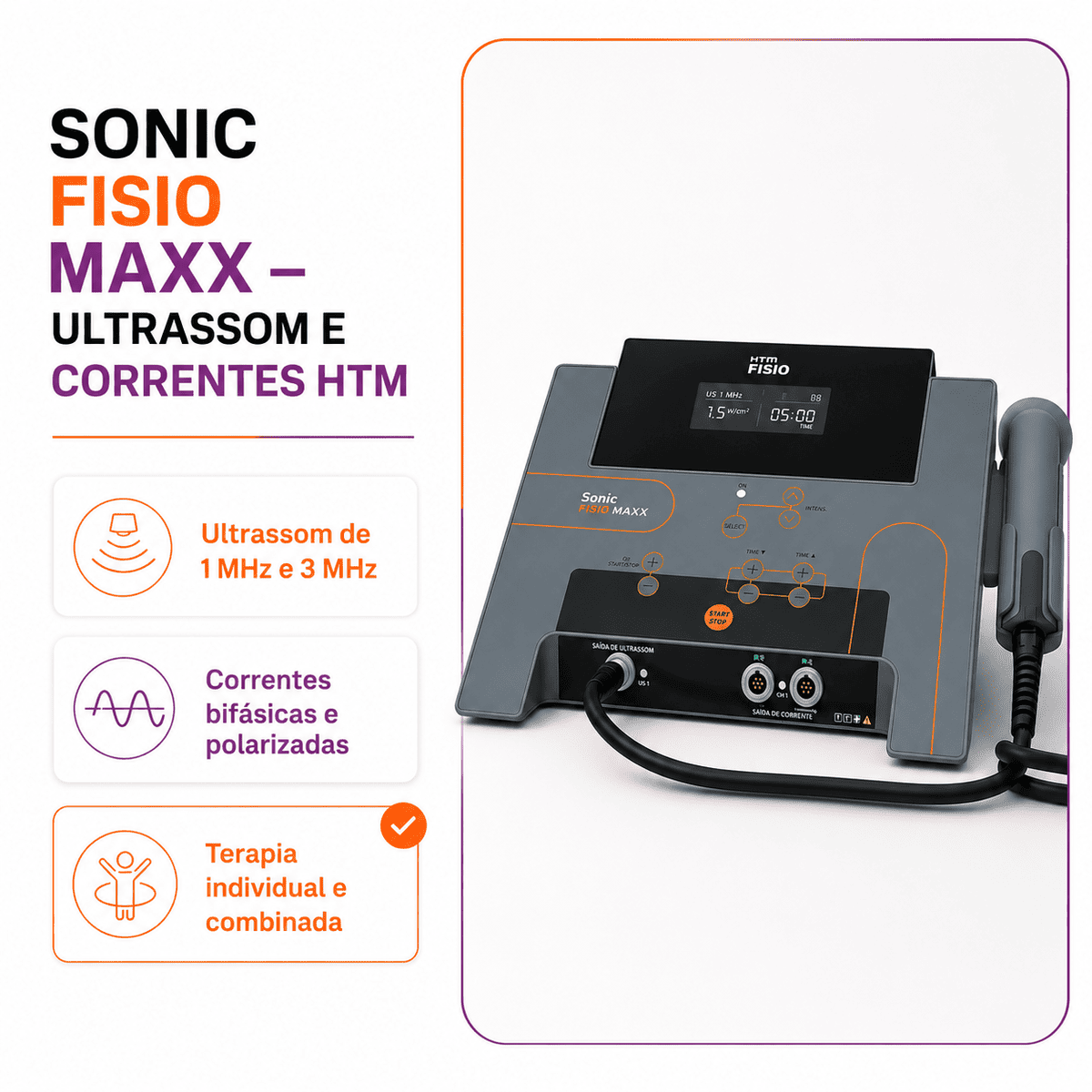 Ultrassom Terapêutico HTM Sonic Fisio MAXX 1 e 3 MHz Profissional