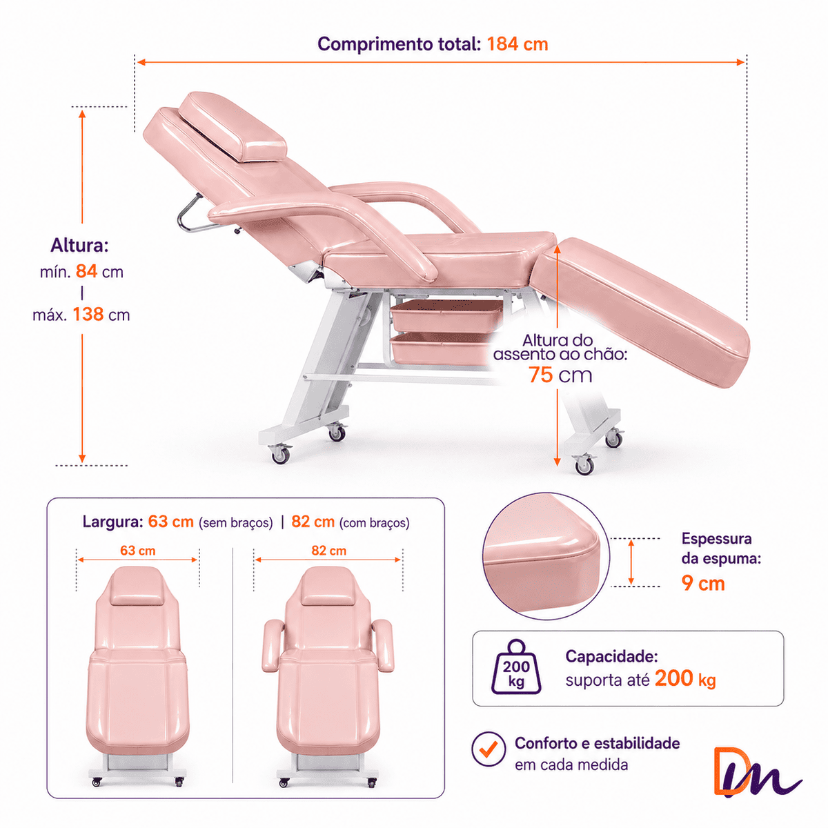 Maca Fixa Reclinável Soft Rosa AKMED com 2 Bandejas | Dermomed ...
