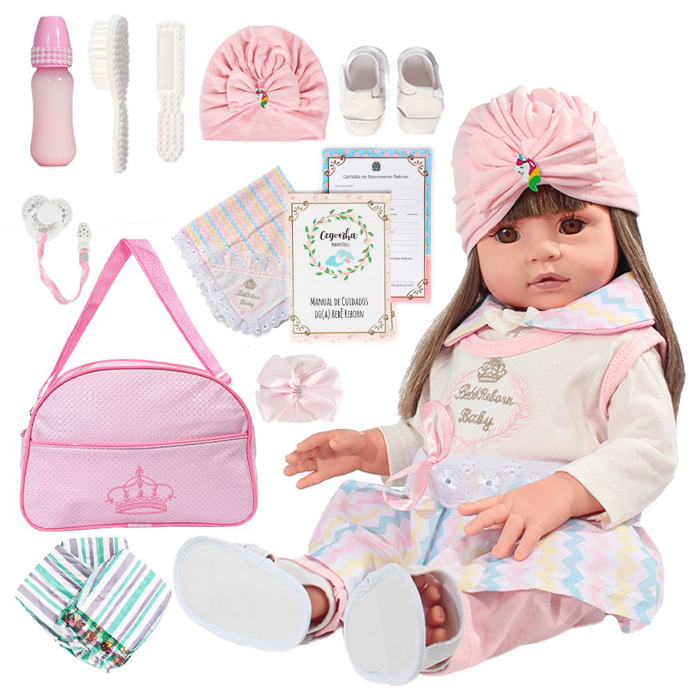 Boneca Bebe Reborn Castanha Rosa