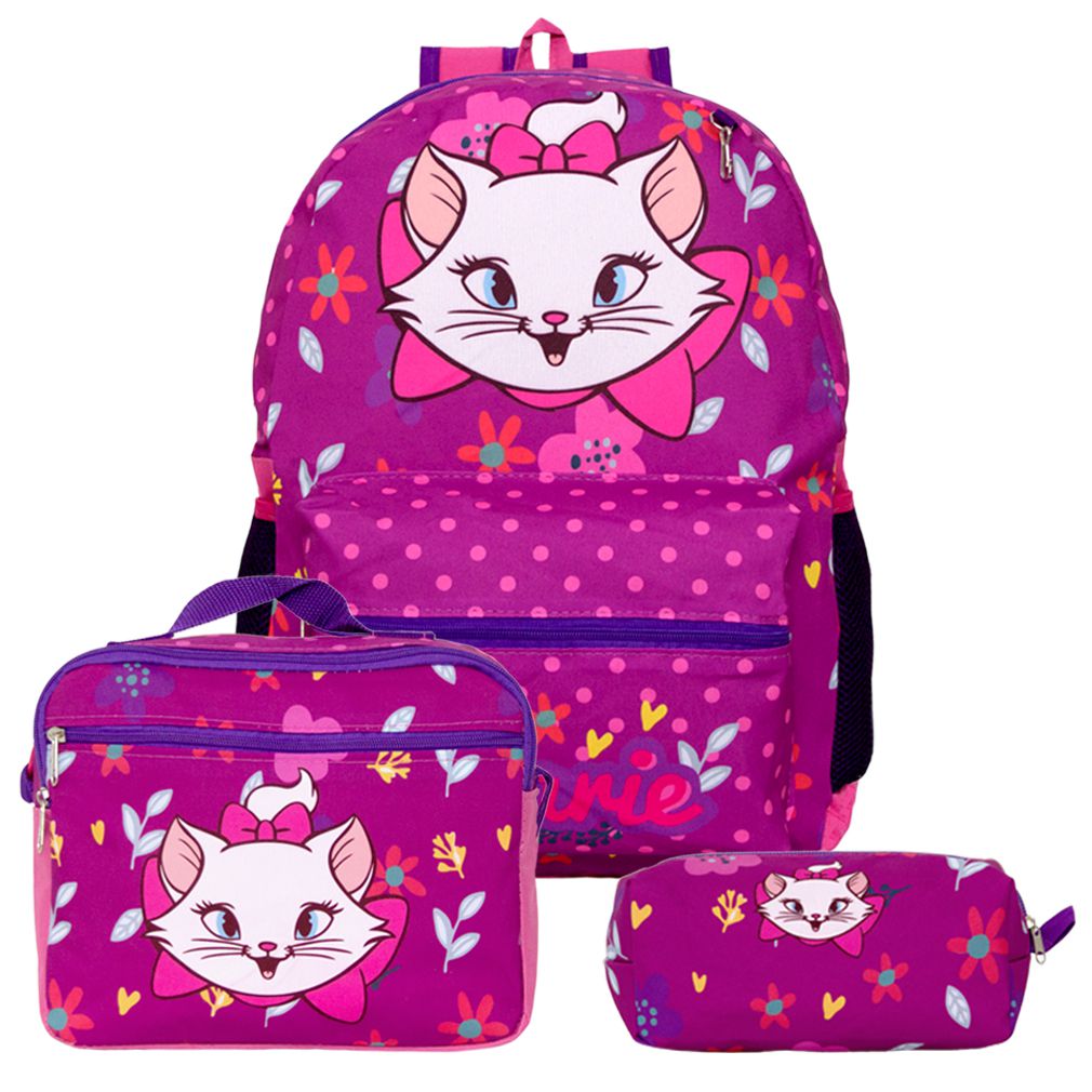 Mochila Escolar Infantil Gata Marie Costas Lancheira+Estojo