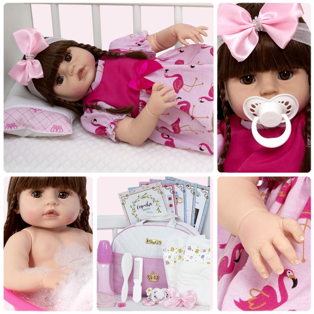 Boneca Bebe Reborn Castanha Rosa