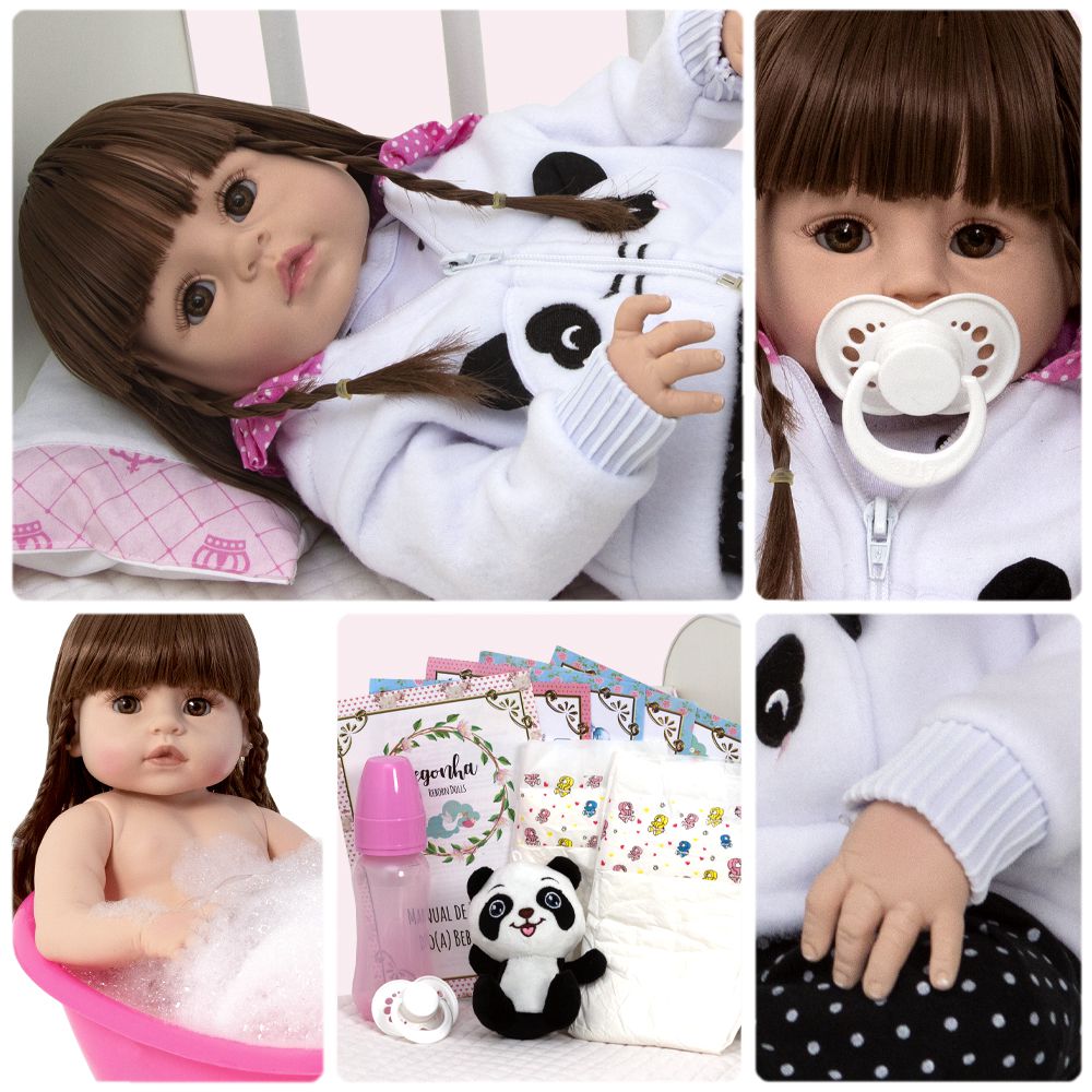 Boneca Reborn Panda Corpo de Silicone 13 Acessórios Morena - Chic