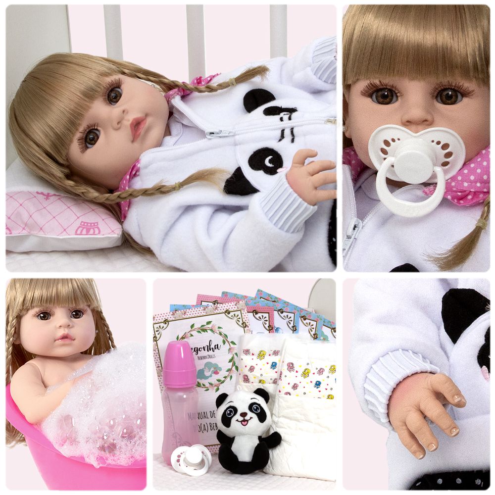 Boneca Reborn Silicone Bebê Realista Princesa Panda Completa no