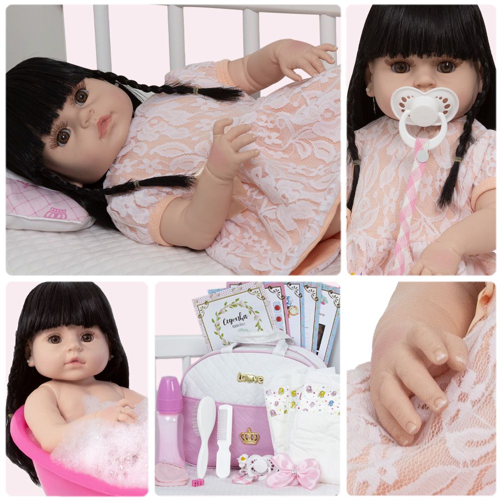 Boneca Kawaii Tipo Reborn Com Bolsa Maternidade + 23 Itens