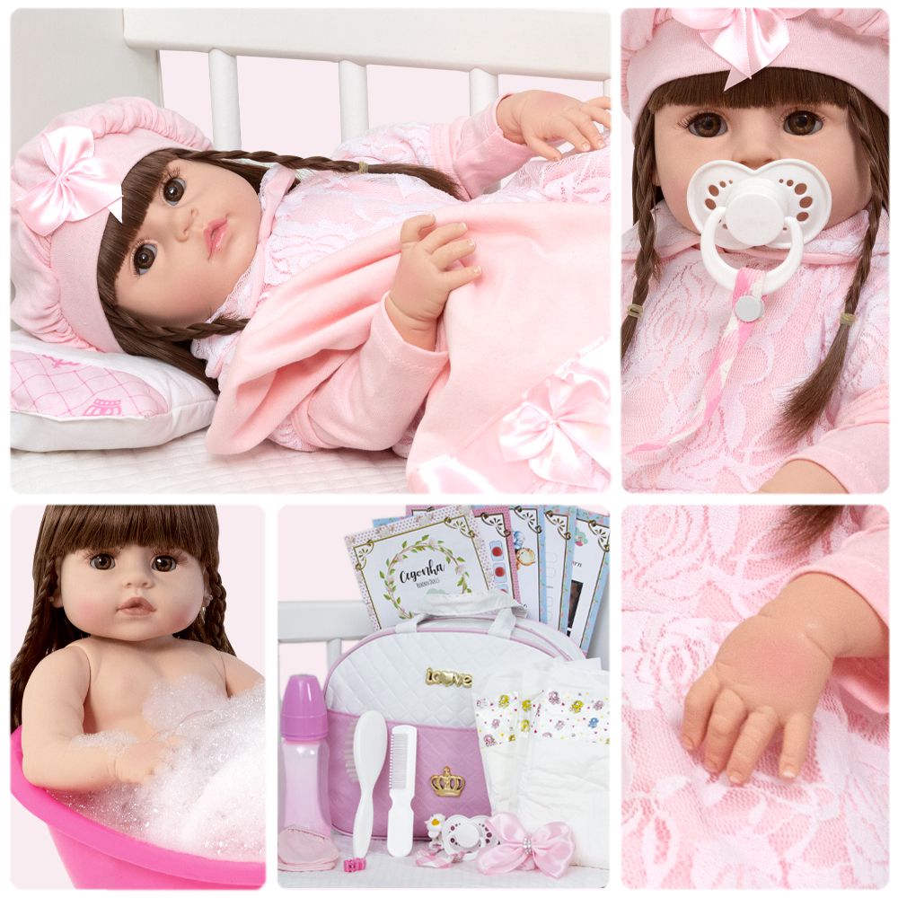 Boneca Bebe Reborn Fofinha Princesa 46cm Com Kit Acessórios no