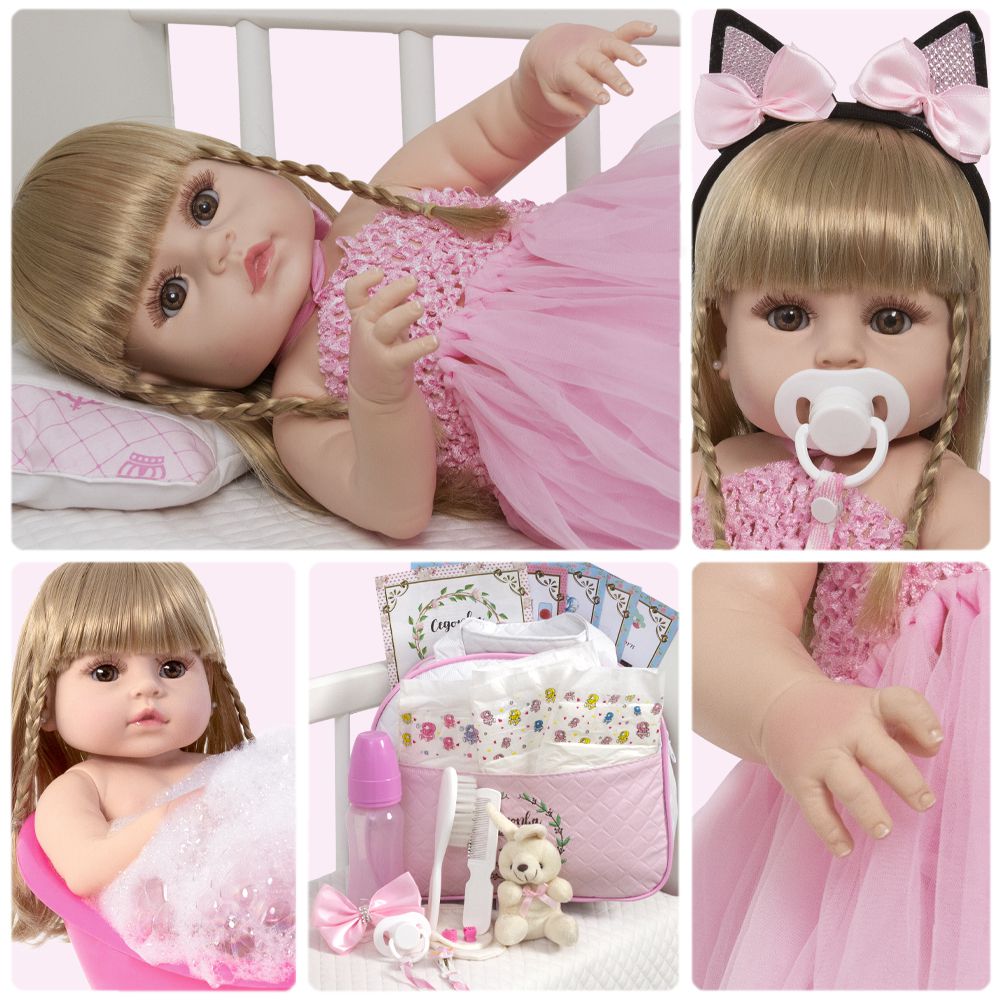 Bebê Reborn Realista Princesa Rosa 55cm + Enxoval Completo