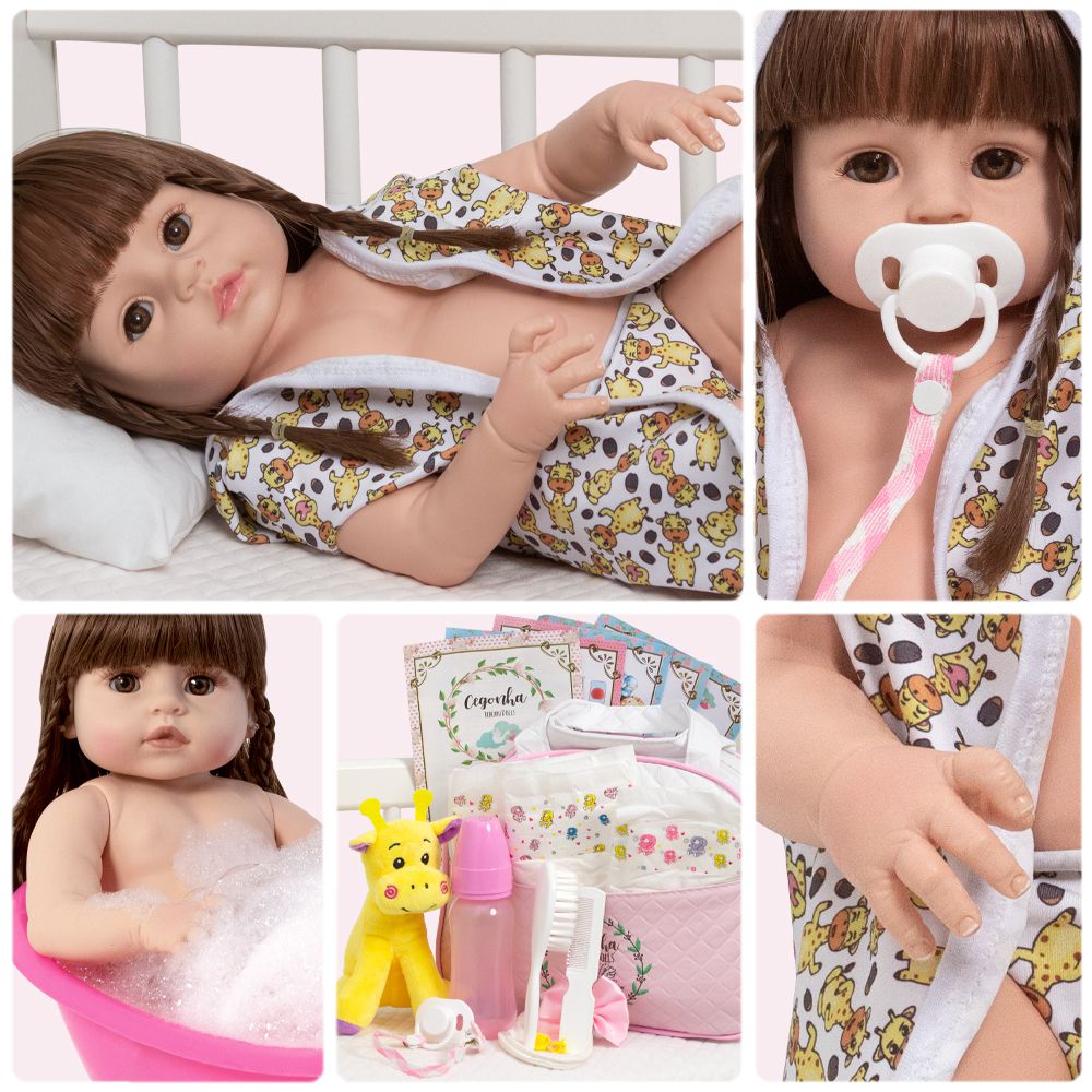 Boneca Bebe Reborn 100% Silicone Girafinha Enxoval Completo