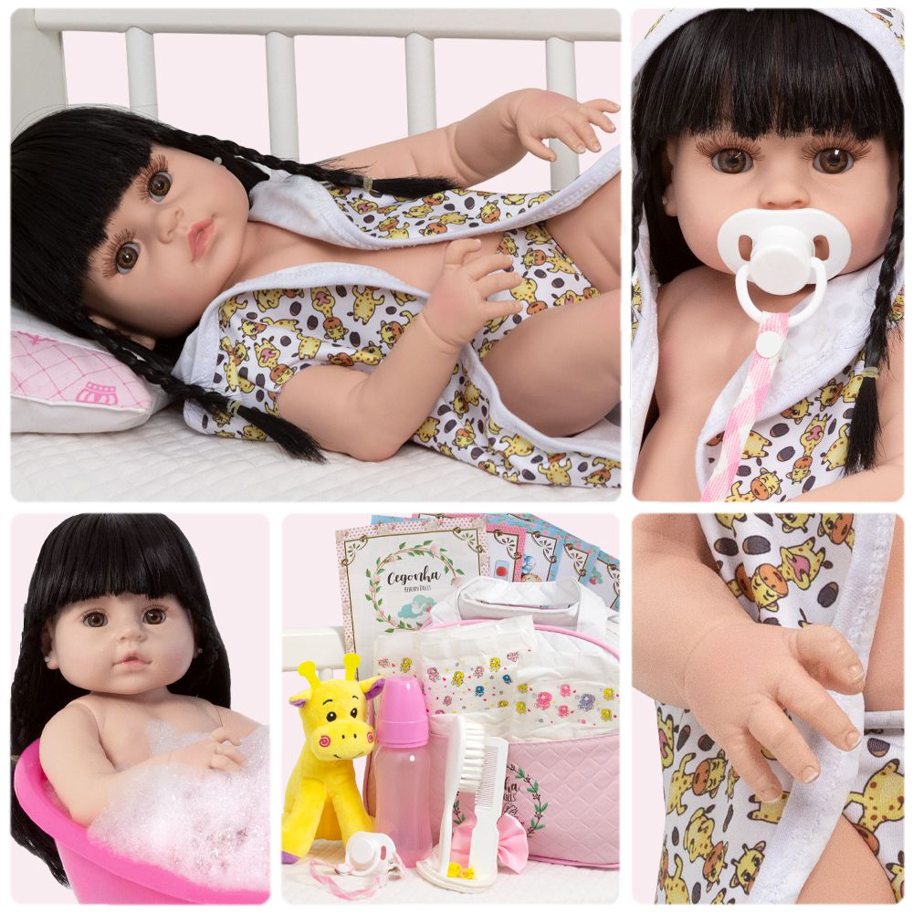 Boneca Bebe Reborn Silicone Realista Morena Roupão 20 Itens - Chic