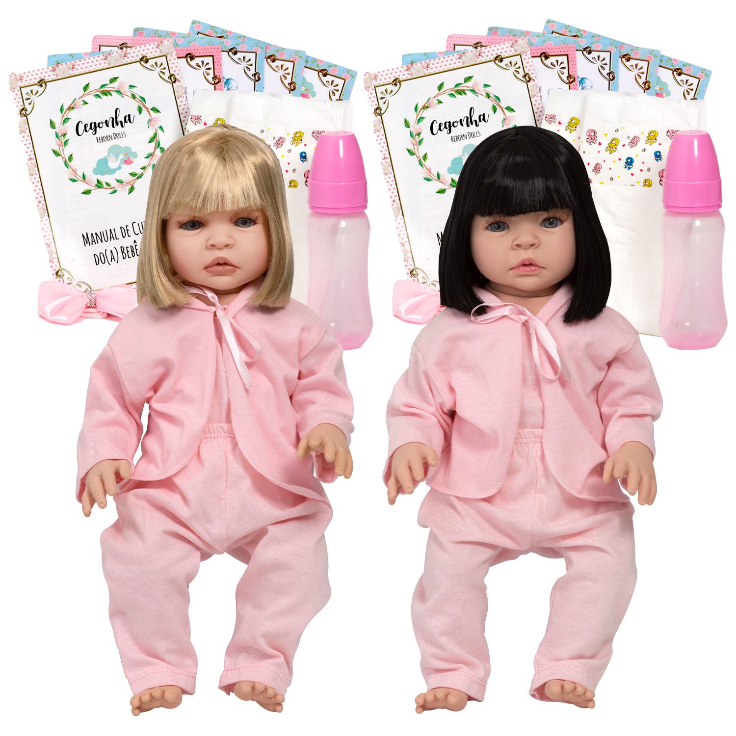 Bonecas Bebe Reborn Gêmeas Meninas Lindas Pagão Rosa Enxoval