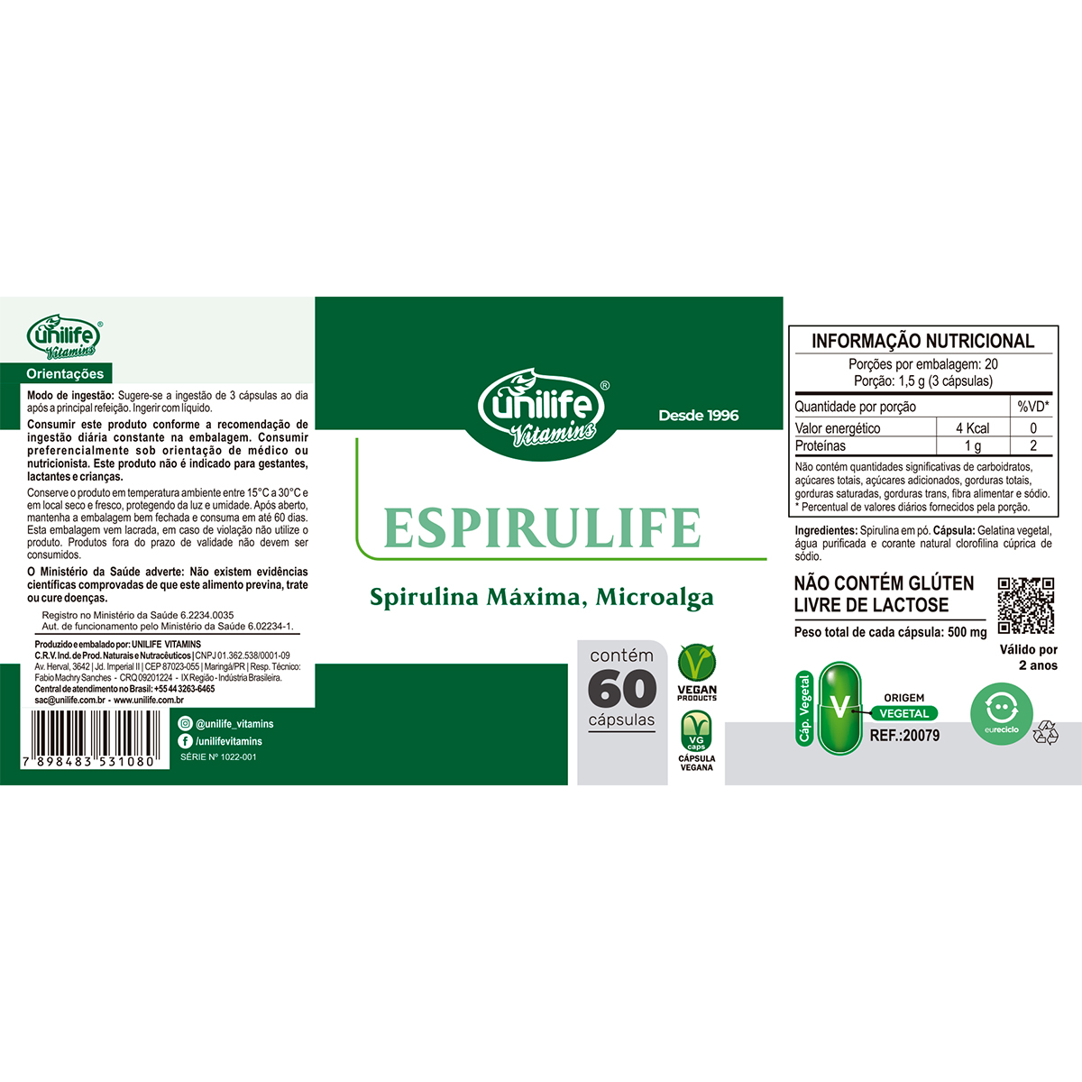 Kit 2 Spirulina 500mg Espirulife Unilife 60 Cápsulas Edin 4810