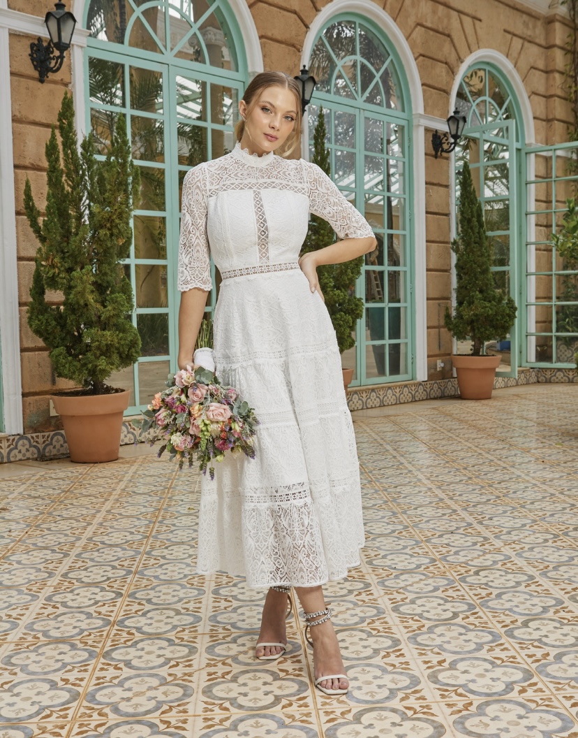 Vestido Casamento Civil Rebeca Midi e Manga Longa - Villa Noiva